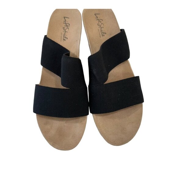 LifeStride Womens Black Elastic Cork Wedge Sandals Size 9W Casual Comfort Shoes - Picture 10 of 14